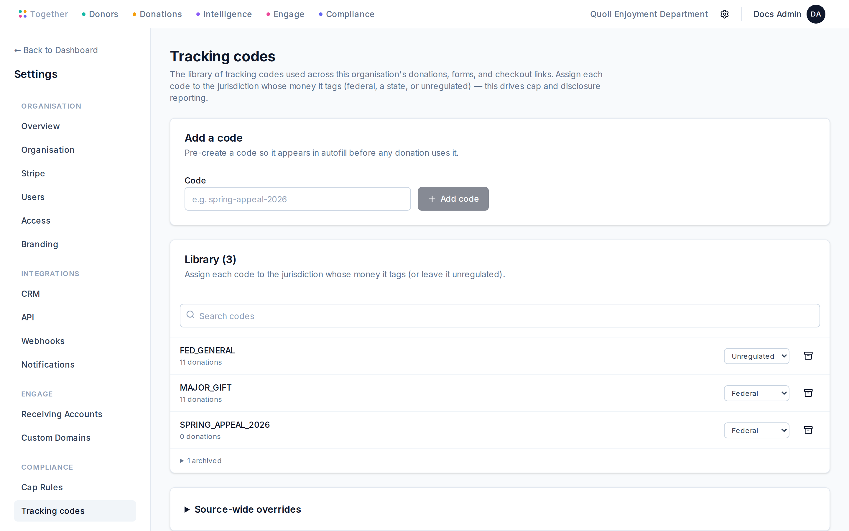 The Tracking codes admin page listing the org's library with a per-row jurisdiction selector (federal, a state, or unregulated) and an archive control.