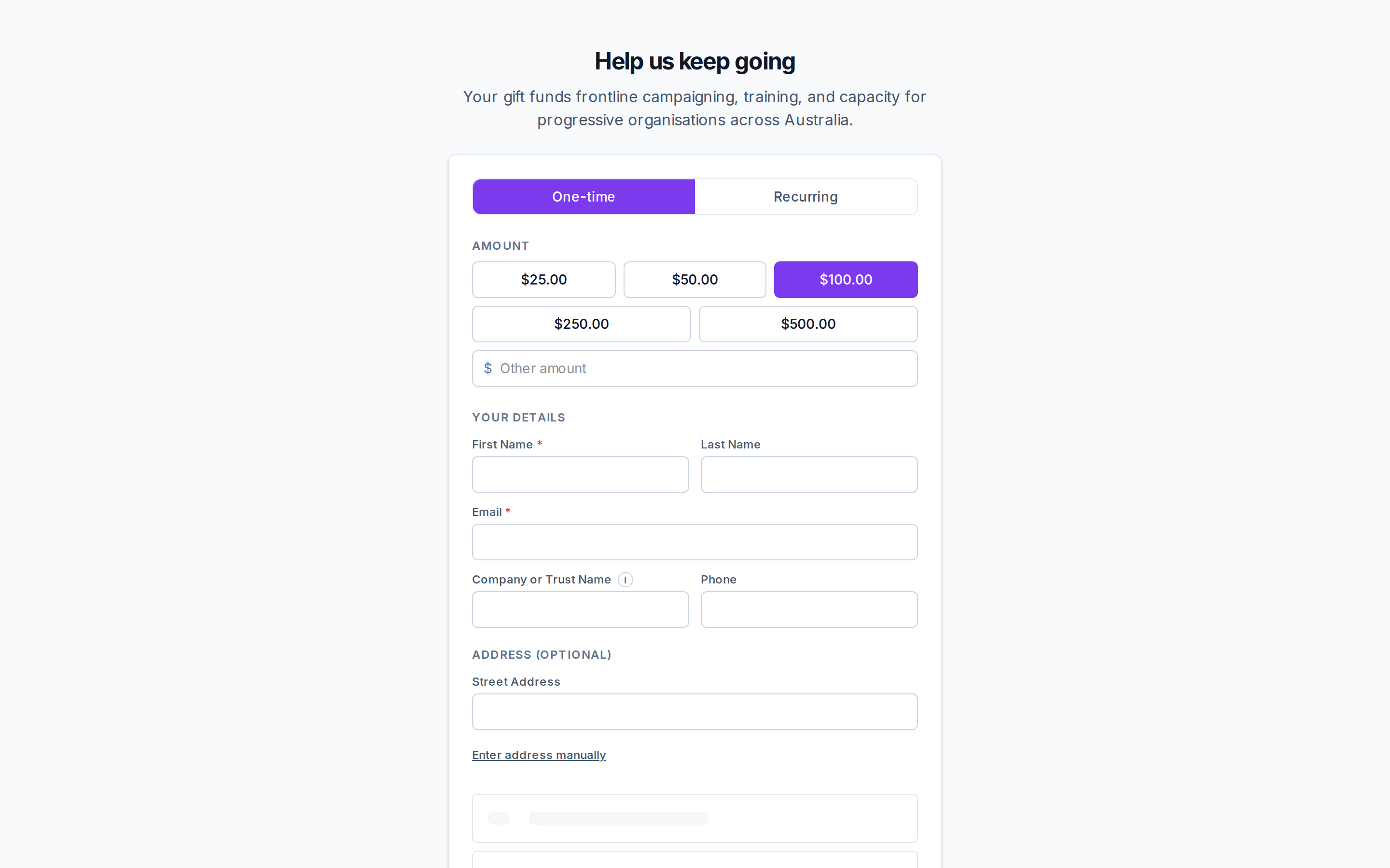 A donor's view of the published donation form: headline, a one-time / recurring toggle, suggested-amount buttons in the org's brand colour, donor detail fields, and an optional address field.