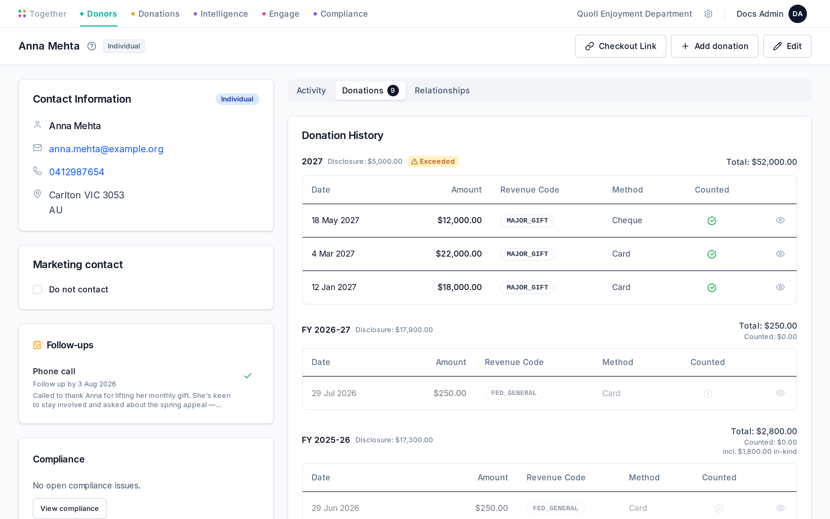 A donor's Donations tab showing their full donation history — humanised payment methods and an in-kind donation with its category and description shown inline beneath the row.