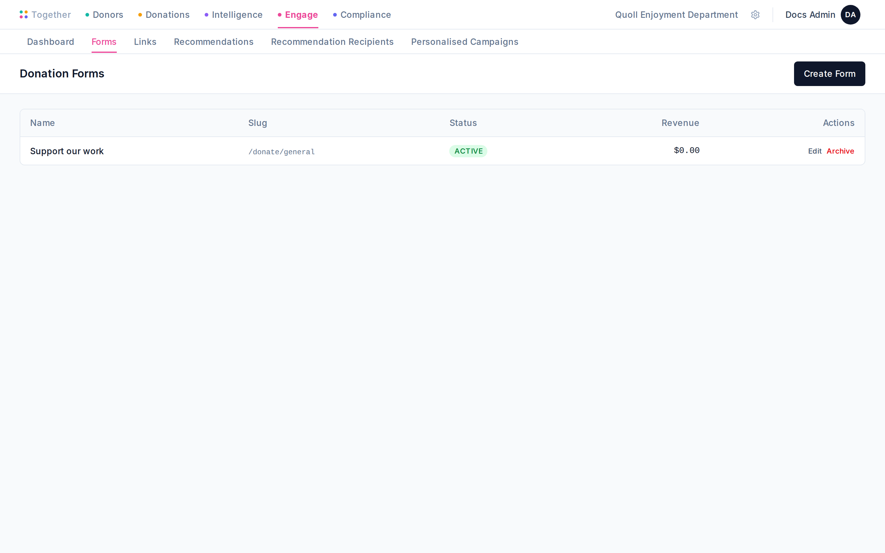 The Engage forms list page showing one donation form named "Support our work".