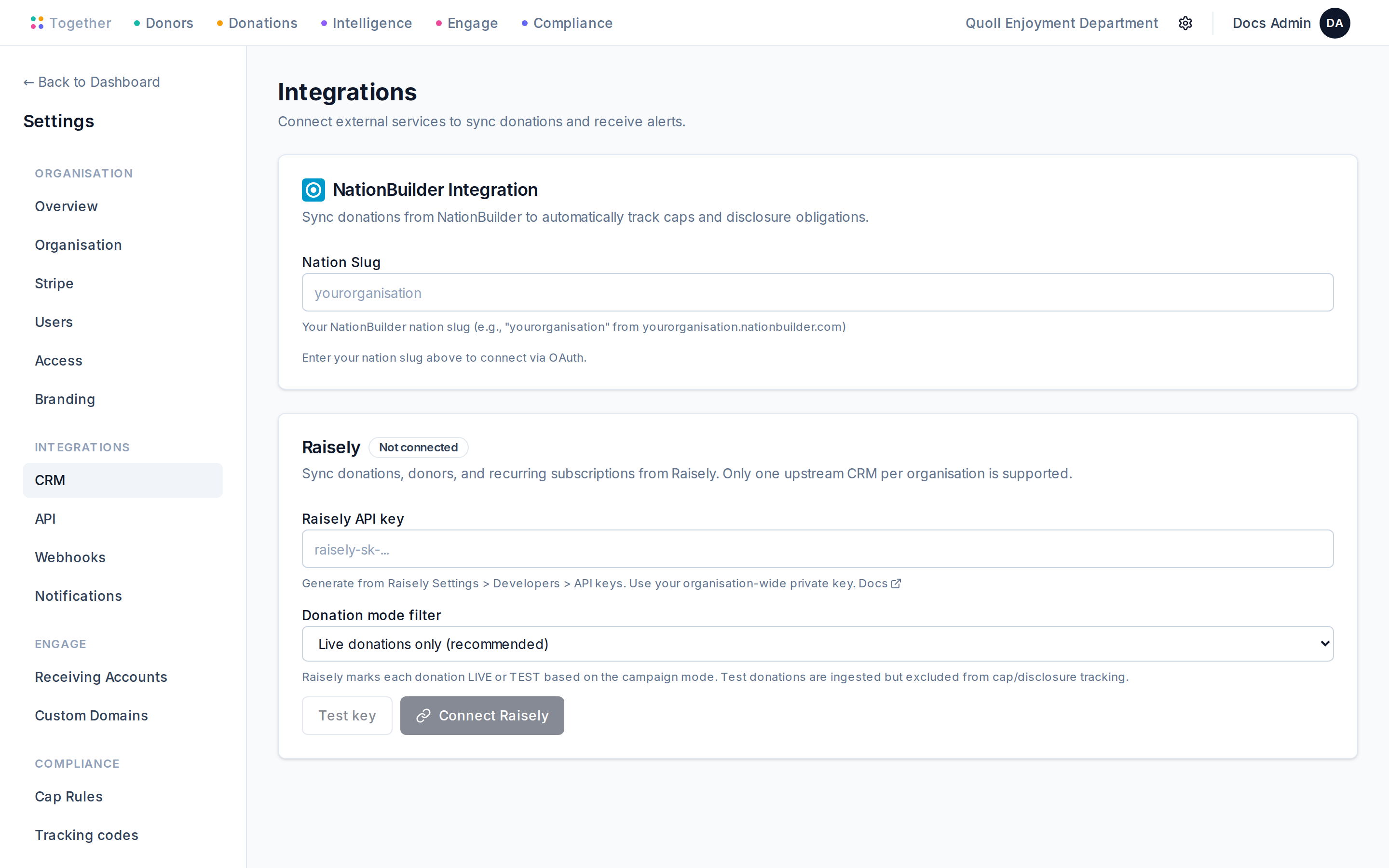 The Integrations settings page with fields for tracking codes used to classify fundraising sources.